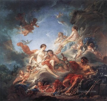 古典的 Painting - アエネアス・フランソワ・ブーシェ・ロココのためにヴィーナスに武器を贈るバルカン